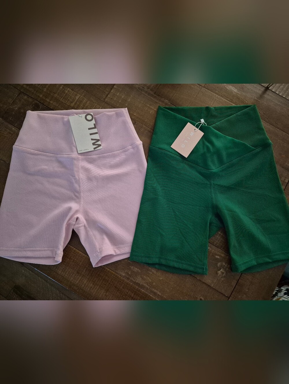 2 Pairs WILO Ribbed High-Waist Bike Shorts — Pink (S) & Green (XS)